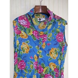 Flower Dress Womens One Size Blue Floral Sleeveless Button Shirt Rayon Tunic